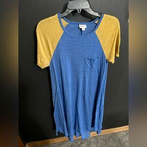LuLaRoe Baseball Style Short Sleeve Pocket Front Dress Blue Yellow High Lo Sz XS